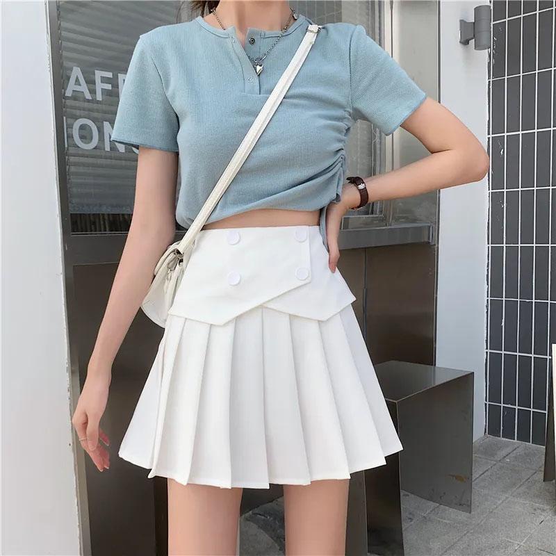 Women's Summer Pleated Skirts Button Design Irregular High Waist Slim A-line Skirts Safety Pants Lining Mini Skirts All Match Casual Tennis Skirt