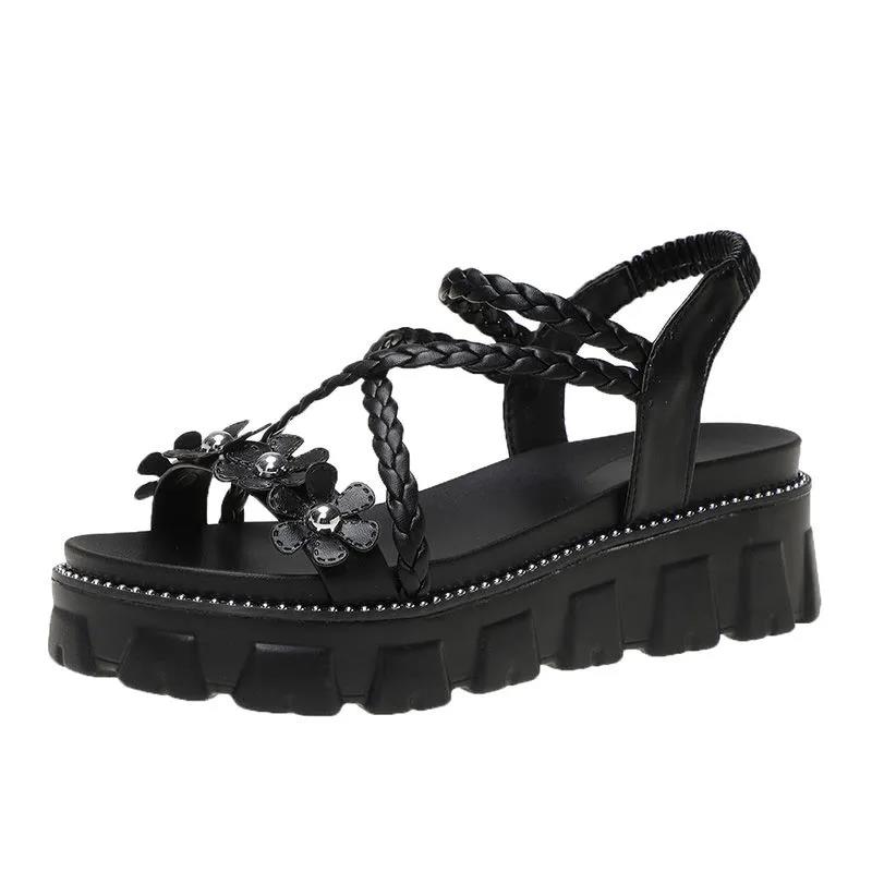 Muffin Thick Bottom Casual Sandals Summer Flowers Flat Heightened Roman Shoes Ladies Sweet Temperament Sandals A Pedal