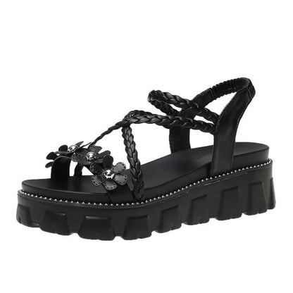 Muffin Thick Bottom Casual Sandals Summer Flowers Flat Heightened Roman Shoes Ladies Sweet Temperament Sandals A Pedal