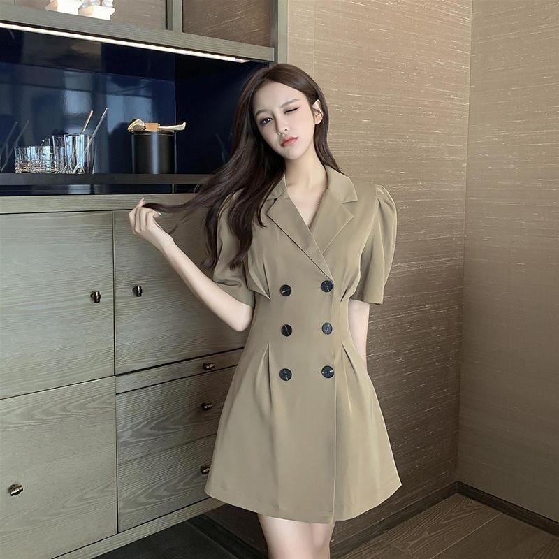 Summer Waist Thin Suit Collar Dress All-match Temperament Can Be Salty or Sweet Midi Skirt Women's Solid Color Casual A-line Skirt