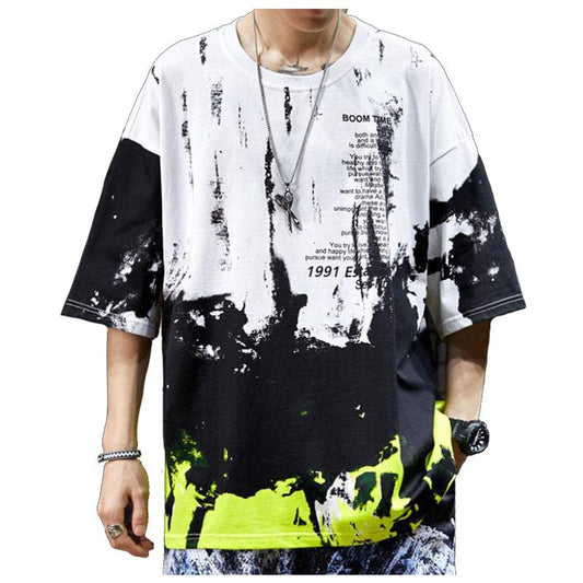 Hip Hop T-shirts Chinese Trendy High Street Tie Dye Tees Summer Oversized O-neck Short Sleeve Casual Pullover Men Shirts