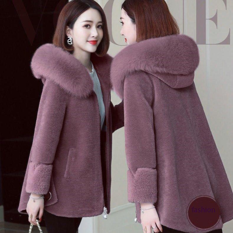 Winter Clothing Grain Velvet Thickening and Cotton Imitation Sheep Shearing Hooded Large Fur Collar Waist Imitation Fur Coat Mid-length Coat Women