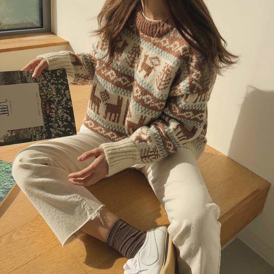 Pofulove Autumn Winter Retro Round Neck Thick Sweater Women Loose Wear Lazy Wind Moose Sweater Coat