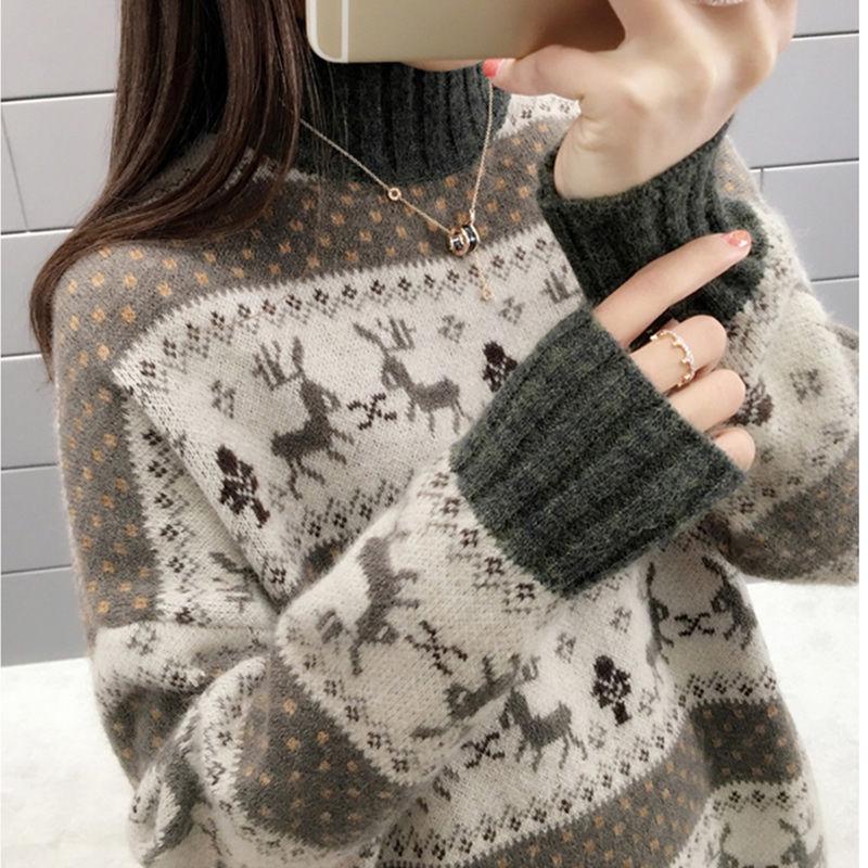 Turtleneck Sweater Female Students Korean Loose  Knit Sweater Bottoming Pullover Sweater Outwear  Deer Print Christmas Sweater Autumn  Winter