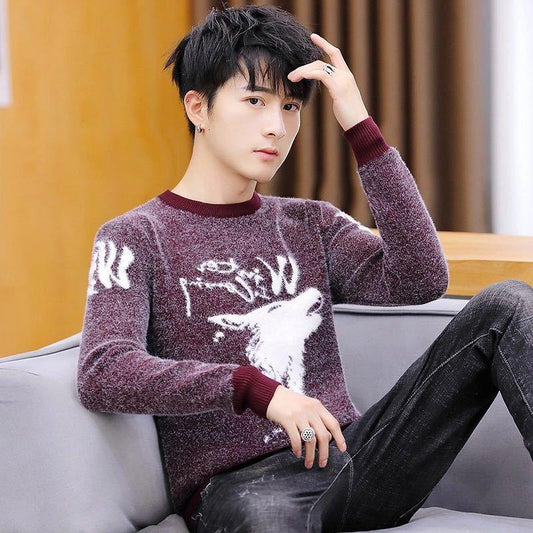 Wave Pattern Men's Pullover Sweater Autumn and Winter Warm Long-sleeved Tops Fashion Casual All-match Coat