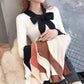 Chic Long Sleeve Knitwear Base Blouse Simple Color Pullover Bow V-Neck Jumper Women Sweater