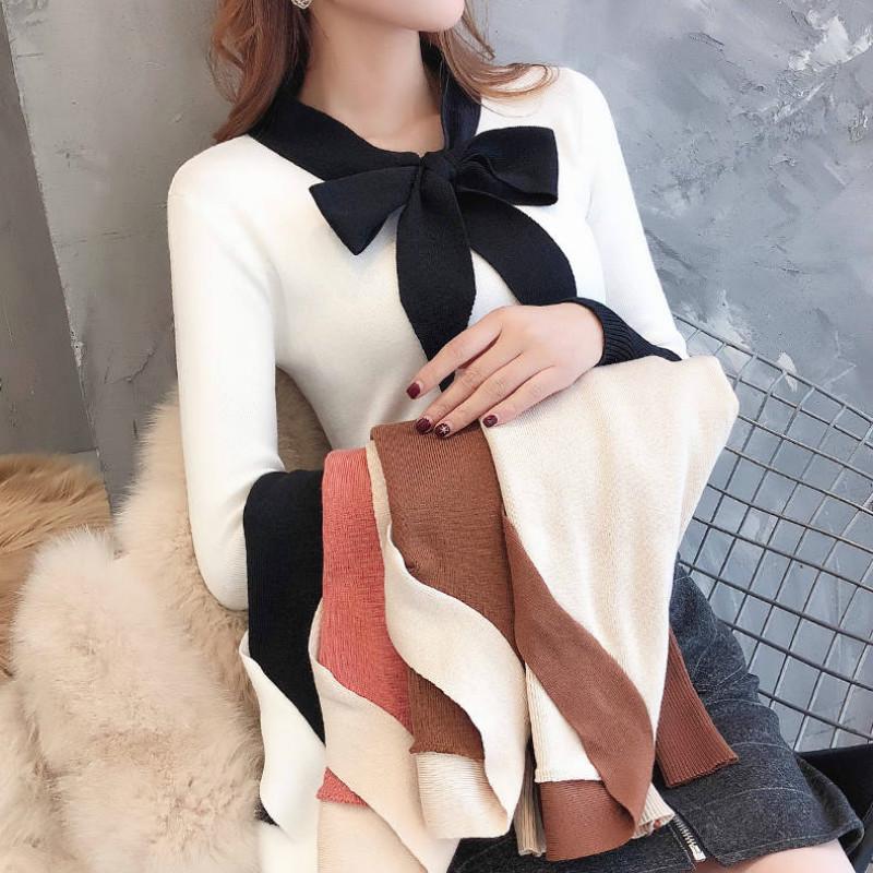 Chic Long Sleeve Knitwear Base Blouse Simple Color Pullover Bow V-Neck Jumper Women Sweater