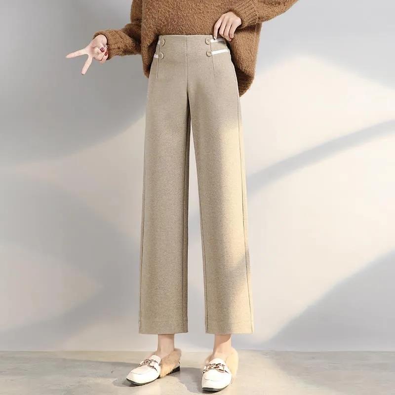 Women's Woolen Pants Autumn and Winter New Loose and Thin Nine-point Straight High-waist Wide-leg Pants Casual Woolen Pants Women