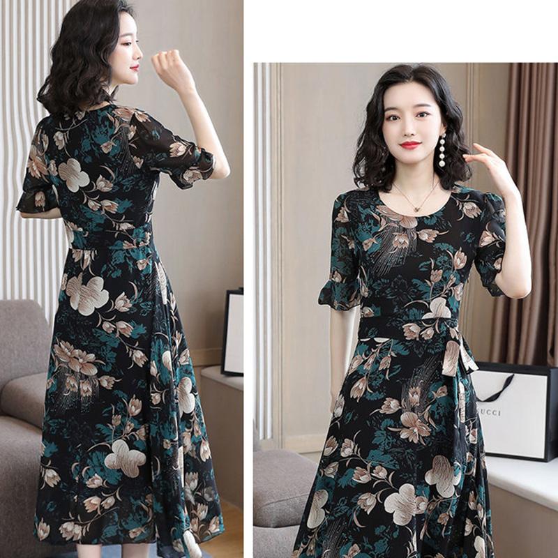 Short-sleeved Chiffon Dress Female Summer Plus Size Waist Slimming Long Round Neck Floral Skirt Temperament Elegant Chiffon Dress
