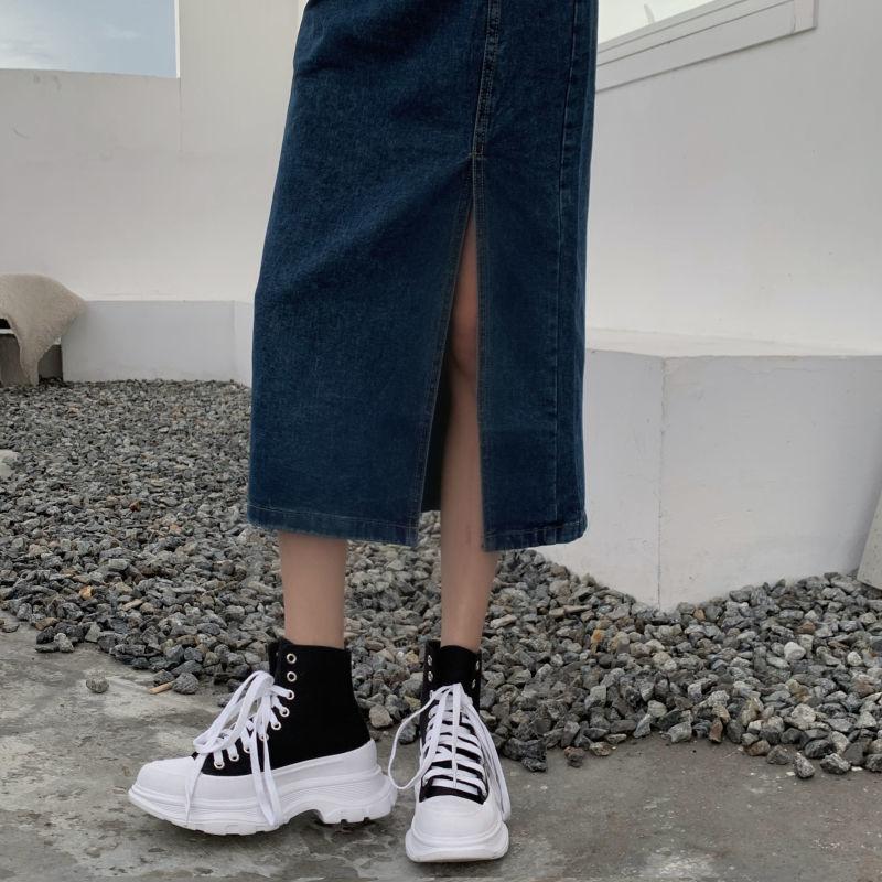 Women Sexy Sweet Solid Split Denim Skirt High Waist Over The Knee Hip Skirt Casual Club Home Office