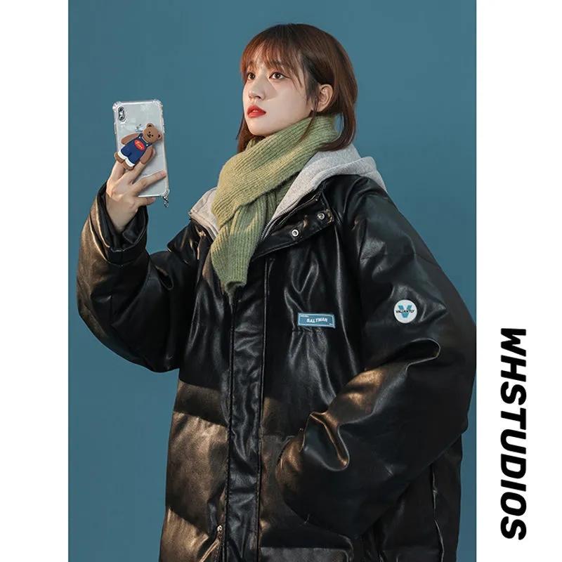 Winter Fake Two-piece Pu Leather Cotton Coat Loose Bread Coat Korean Version Cotton Coat Women's Cotton Jacket Warm Casual Coat Top Outdoor Jacket