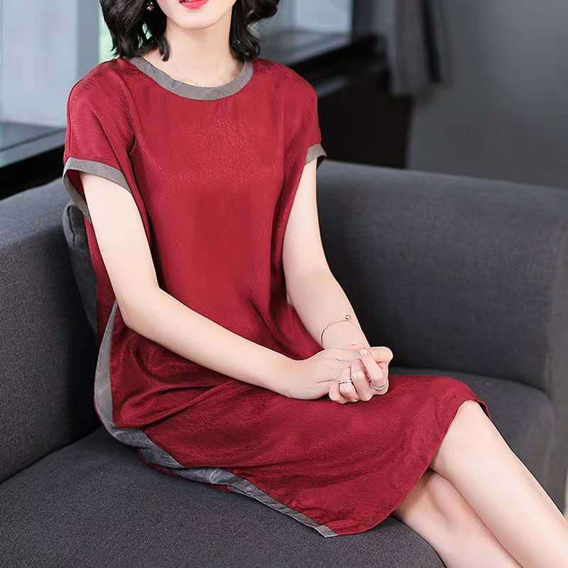 Split Design L-XXXXXL Summer Chiffon Plus Size Dress Summer Short Sleeve Round Neck Over The Knee Solid Color Dress
