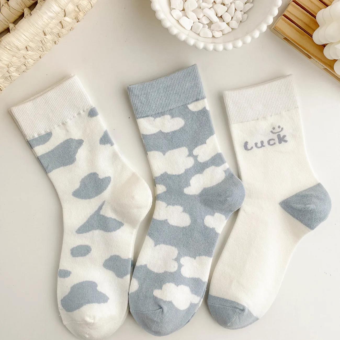 Three Pairs of Women's Tube Socks Pure Cotton Blue Couple Socks Blue College Style Socks