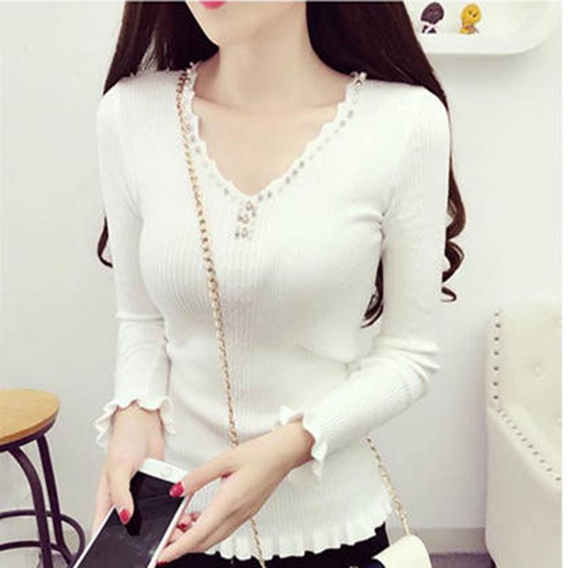 Pofulove Autumn Winter Sweet Beaded Ear Funnel V-neck Knitted Bottoming Shirt Slim Pullover Shirt