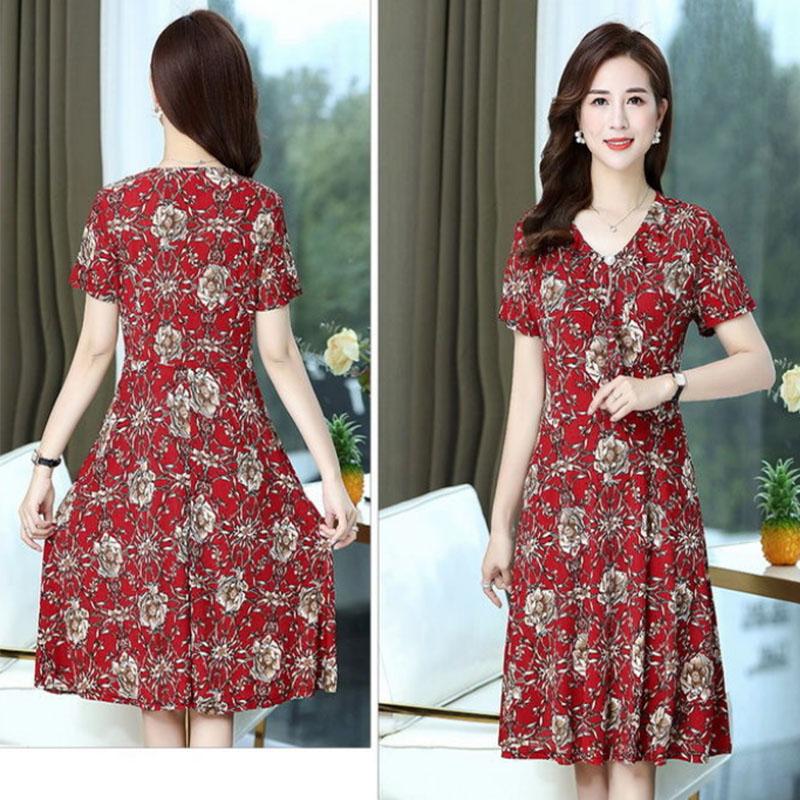 Women's Mid-length Skirt Floral Dress Middle-aged and Elderly Short-sleeved Large Size Loose and Thin Mother Long Skirt