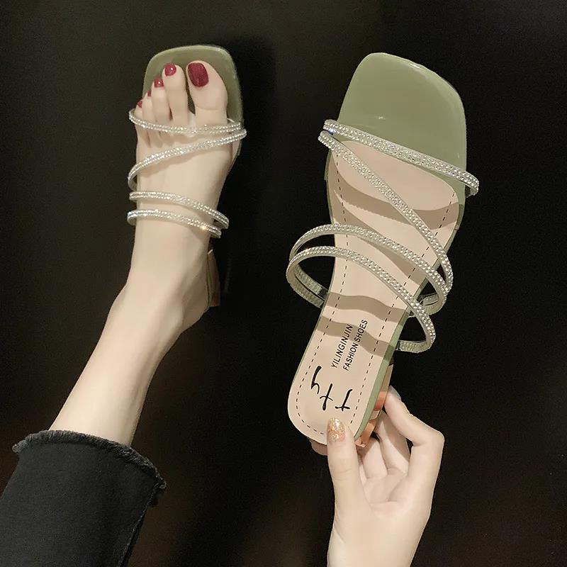 Crystal Slippers Women's Summer Rhinestone Transparent Thin Strap Mid-heel Sandals and Slippers Two-wear Sandals Mid-heel High Heels