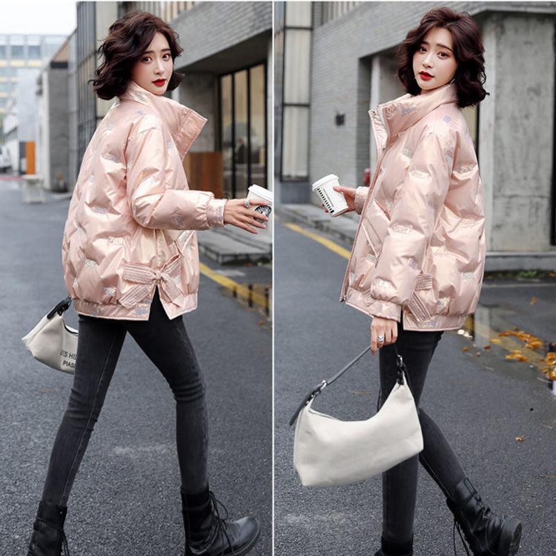 Women's Bright Print Short Down Jacket Winter Korean Loose Quilted Jacket Casual Stand-up Collar Hooded Down Jacket Quilted Jacket