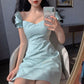 Mint Green French Square Collar Simple Waist Waist Thin Elegant Puff Sleeve A-line Dress Dress Women