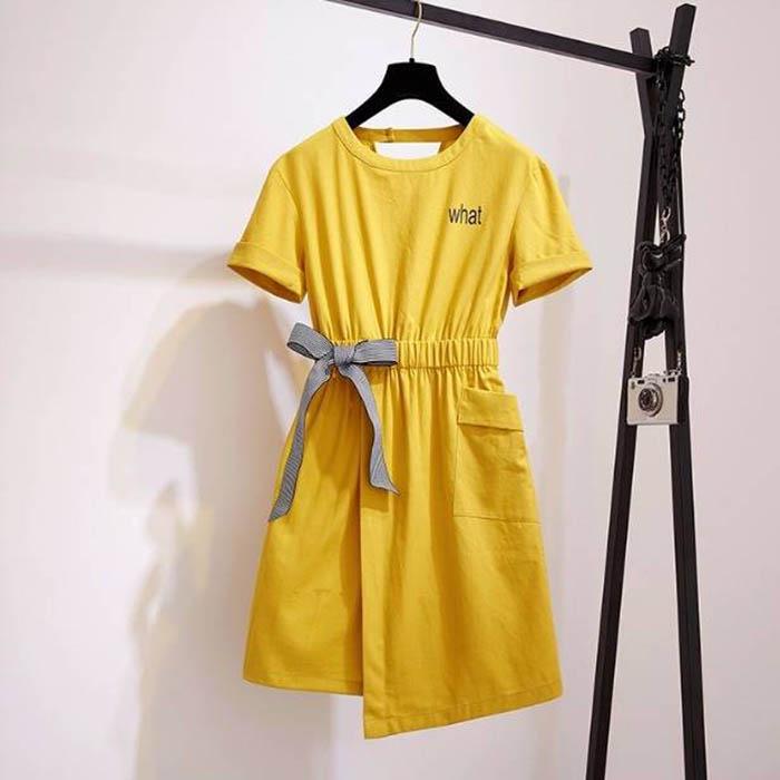 Pofulove M-4XL Women Simple O-neck Bow Yellow Dress Plus Size Slim Short-sleeved Short A-line Dress