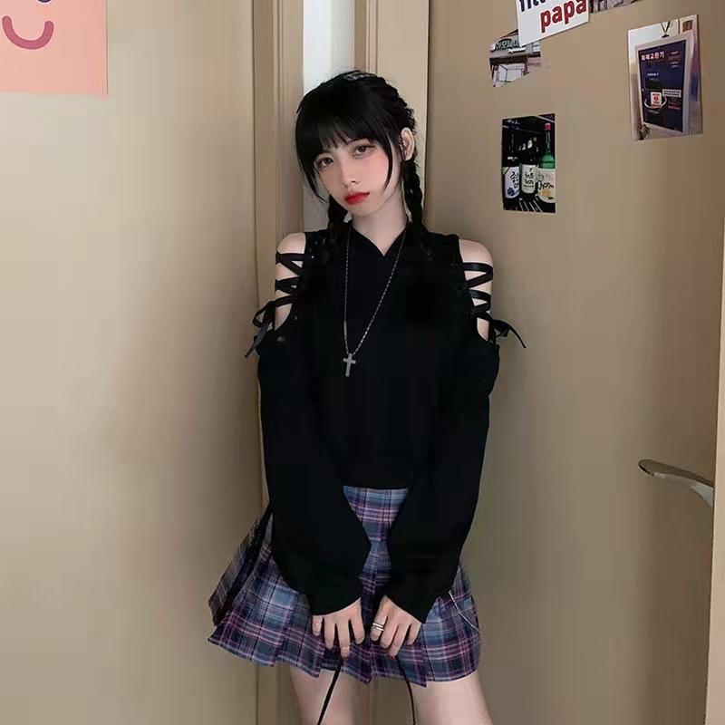 Gothic Crop Hoodie Women Sweatshirt Goth Cute Cat Crop Top Pullover Long Sleeve Hooded