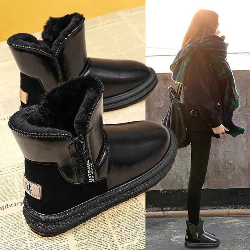 Leather Snow Boots Women Winter Short Tube Shoes Waterproof Non-slip Short Boots Plus Velvet Thick Outdoor Cotton Shoes
