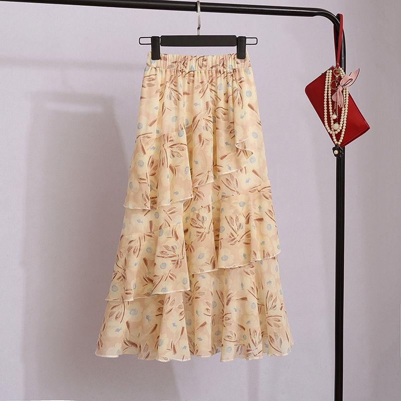 Elegant Floral Print Chiffon Skirts Women Summer A Line Pink Streetwear High Waist Ladies Midi Skirt