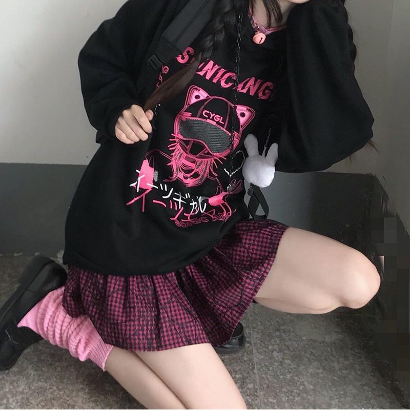 Women Fashion Sweatshirt Punk Gothic Hoodies Japanese Anime Pullovers Black Oversize Y2K Girl Sweatshirts Graffiti Hipster Streetwear Hip Hop Hoodies