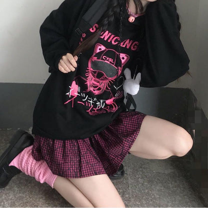 Women Fashion Sweatshirt Punk Gothic Hoodies Japanese Anime Pullovers Black Oversize Y2K Girl Sweatshirts Graffiti Hipster Streetwear Hip Hop Hoodies