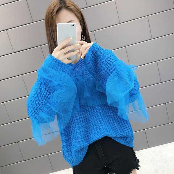 Hollow Lace Stitching Sweater Autumn and Winter Fashion Bottoming Shirt Solid Color Long-sleeved V-neck Sweater Casual All-match Top