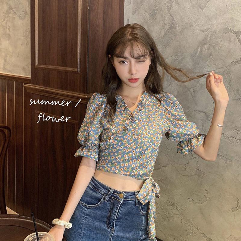 Puff Sleeve Floral Short-sleeved Chiffon Shirt Women's Summer Korean Design High-waist Short Top