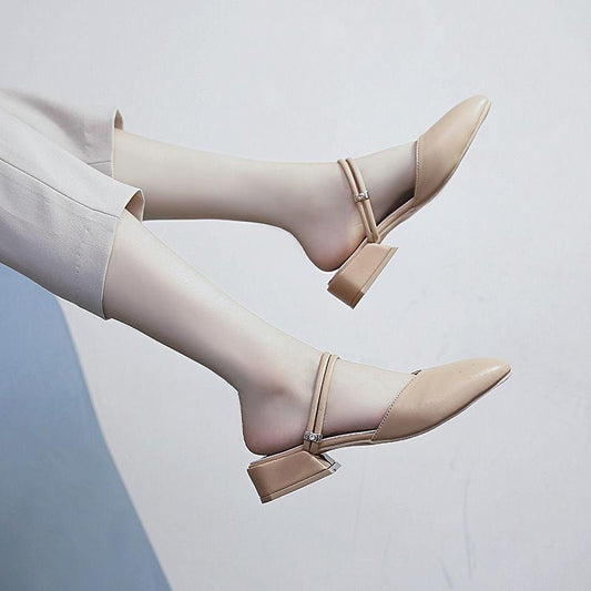 V Mouth Square Toe Sandals Thick Heel Single Shoes Wild Mid-heel Sandals High Heels Women Retro Thick Heel Leather Shoes Women