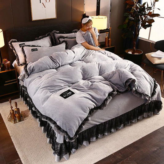 Grey Winter Fleece Bedding Set Duvet Cover Flannel Fleece 4pcs Home Bed Set Bed Linens Warm