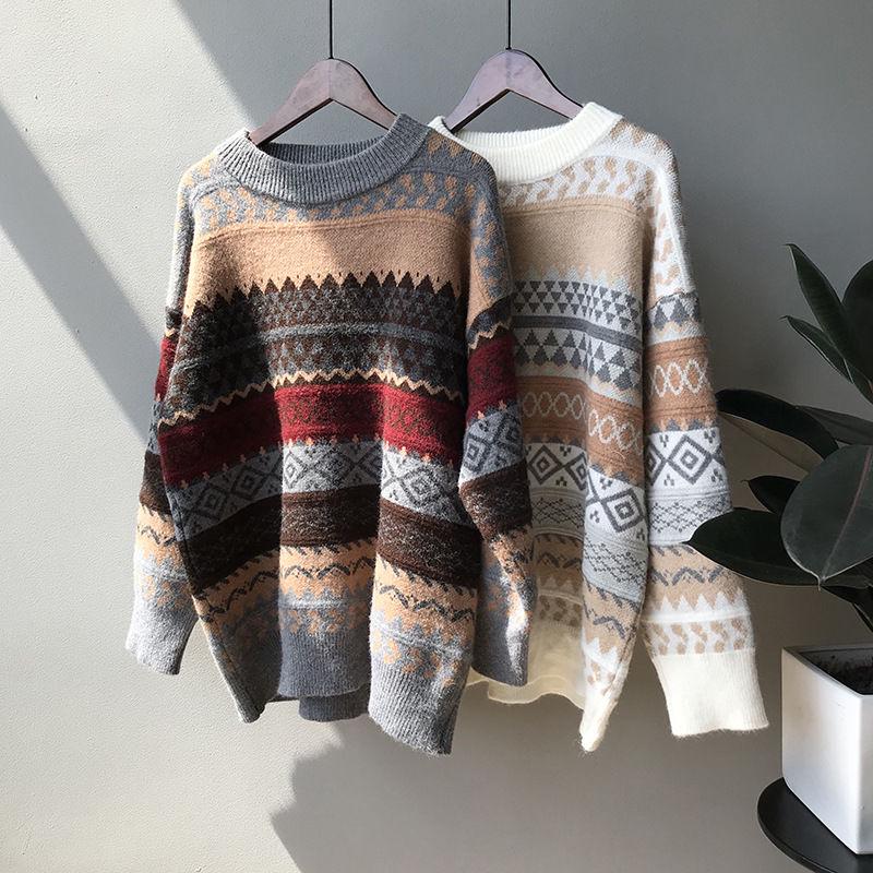 Vintage Geometric Pattern printed Sweater Women Loose Casual Pullover Sweater Top Students All-match Knitwear Outer Wear