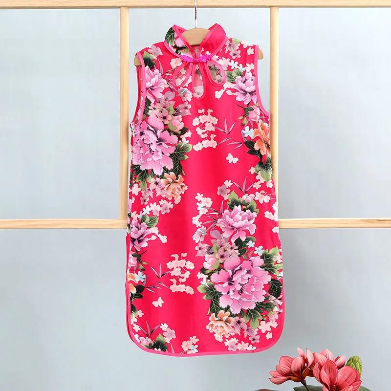 Children Dress Children's Tang Suit Girls Summer Thin Dress Cheongsam Printed Floral Cheongsam Chinese Style Sleeveless Dress