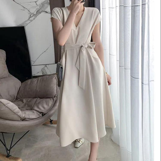 Super Fairy Sweet V-neck Dress White Waist Was Thin and Gentle Style Ladies Temperament Long Dress Female Summer