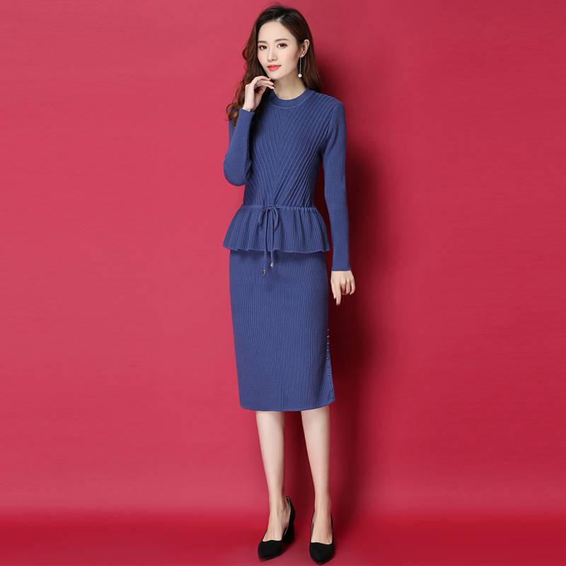Winter Thick Two-piece Women Knitted Dress Over Knee Long Sweater Suit Autumn Bow Skirt