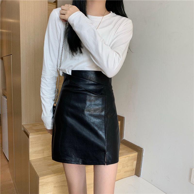 Women's Sexy Leather Skirt Glossy PU leather short Solid zipper Split A-line Skirts