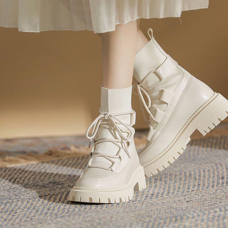 Autumn Winter Women's Boots Black White Ankle Boots Knit PU Leather Short Booties Woman Fall Shoes Punk Goth Shoes