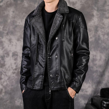 Winter Plus Velvet and Thick Fur One Youth Korean Version of Self-cultivation and Handsome PU Jacket Without Cracking