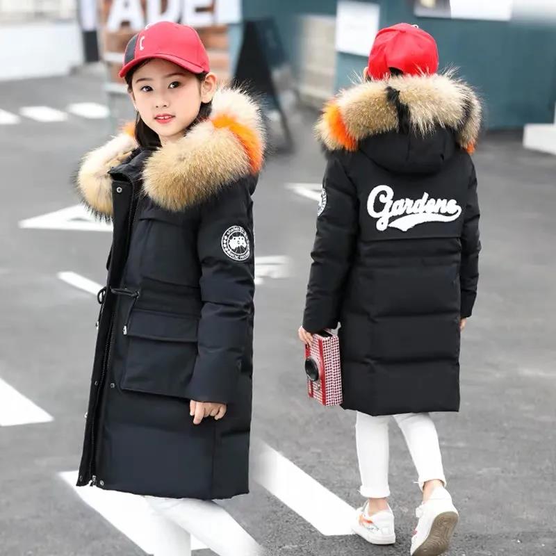 Children's Cotton-padded Clothes Girls' Winter Jacket Big Children Thickening Medium-length Cotton Jackets Large Fur Collar
