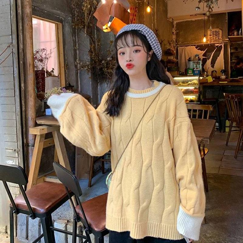 Pofulove fashion sweater women's clothing Loose sweet stitching knitted long-sleeved shirt tide