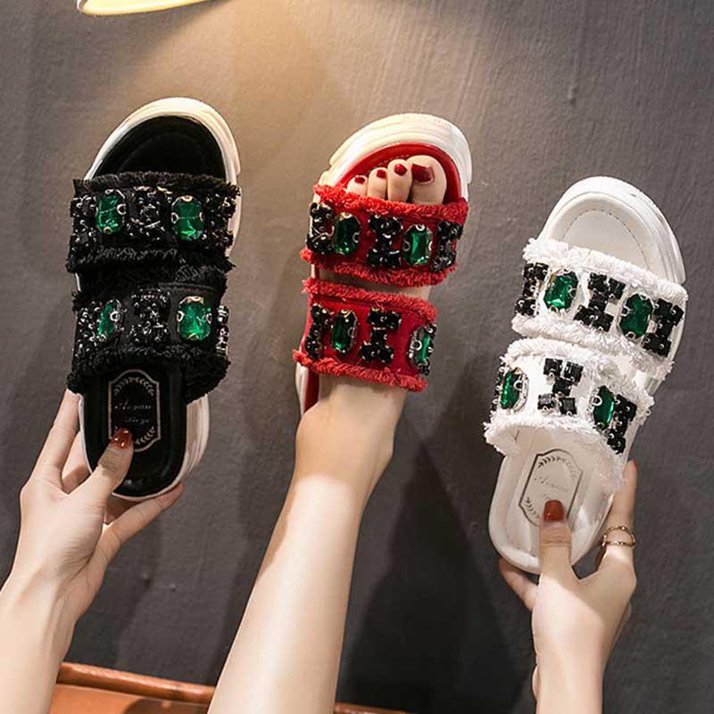 Size35-39 Summer Women Slippers Bohemian Beach Wear-resistant Non-slip Slippers Wedge Platform Rhinestone Sandals Outdoor Crystal High Heels