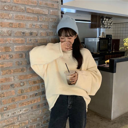 Pofulove Autumn Winter Korean Loose Lazy Candy Color Curled Half-high Collar Long-sleeved Sweater
