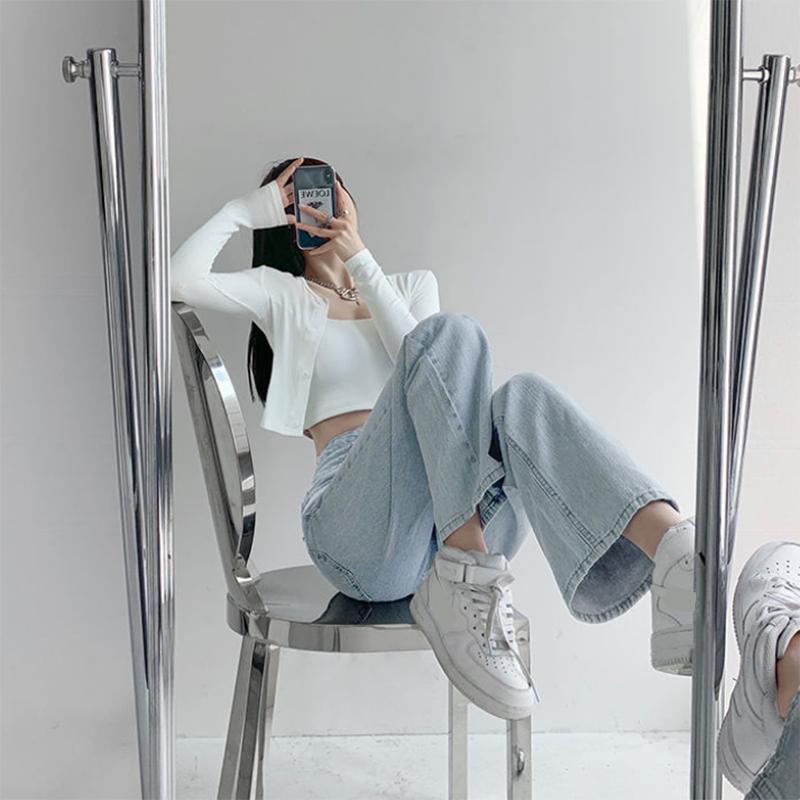 Retro High-waisted Breasted Jeans Women's Drape Loose Straight Wide-leg Trousers Casual All-match Thin Mopping Pants