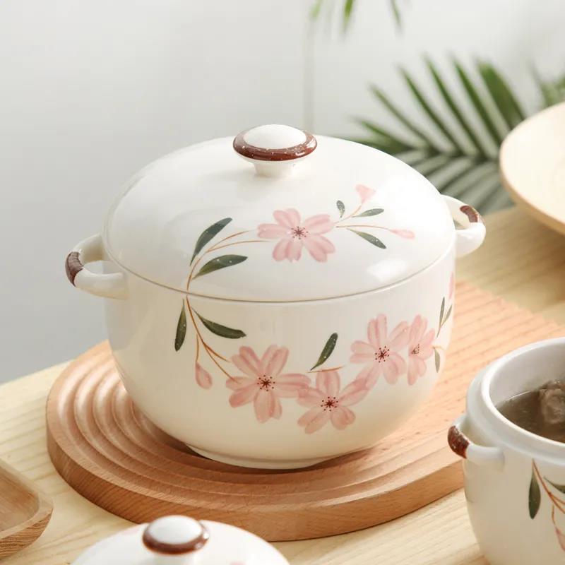 Chinese Style Underglaze Cherry Blossom Ceramic Soup Cup, Steamed Egg Pot, Water-proof Soup Pot with Lid