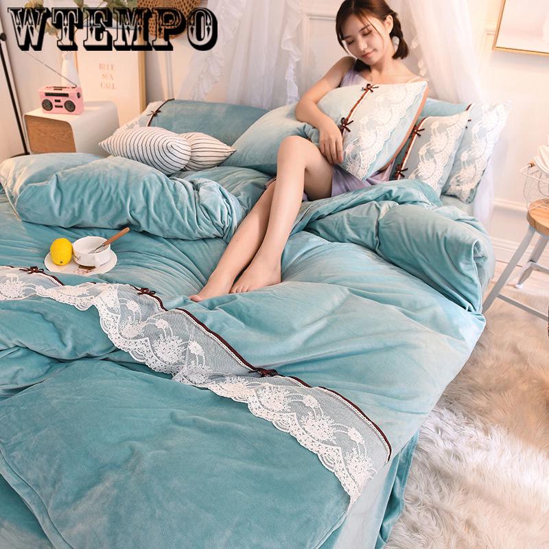Winter Bedding 4pcs Set King Size Soft Warm Coral Fleece DuvetCover Bedsheet Pillow