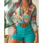 Women's Light Cooking Digital Printing Stand Collar Long Sleeve Shirt Ladies Shorts Set
