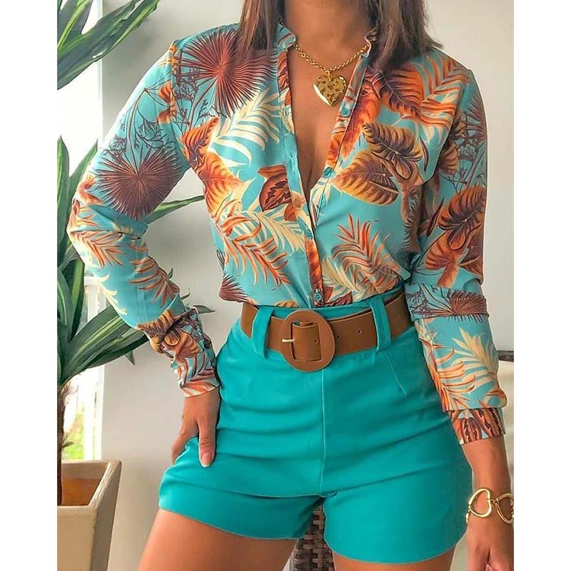 Women's Light Cooking Digital Printing Stand Collar Long Sleeve Shirt Ladies Shorts Set
