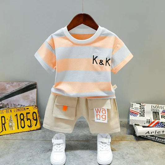 Boys Summer Suit Children's Clothes Striped Embroidered Printing Cute Casual Boy Baby Short-sleeved Shorts Two-piece Set