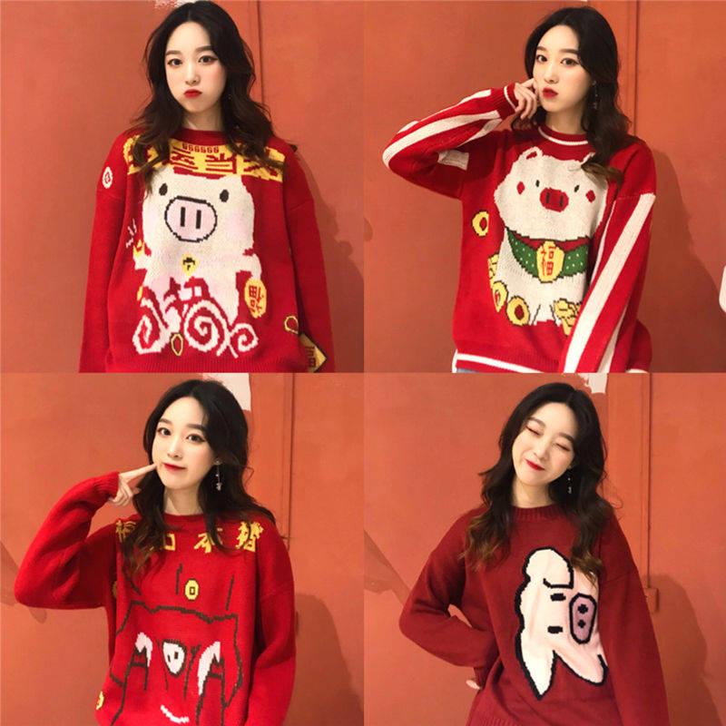Women Cute Pig Theme Simple Color Loose Knitwear Turtleneck Bottoming Top Pullover Sweater